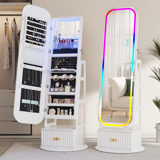 D Armario de Joyas Giratorio 360° Vintage con Espejo y Luces LED
