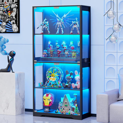 Vetrina con Ante in Vetro – Credenza a 4 Ripiani con Luci LED a 3 Colori