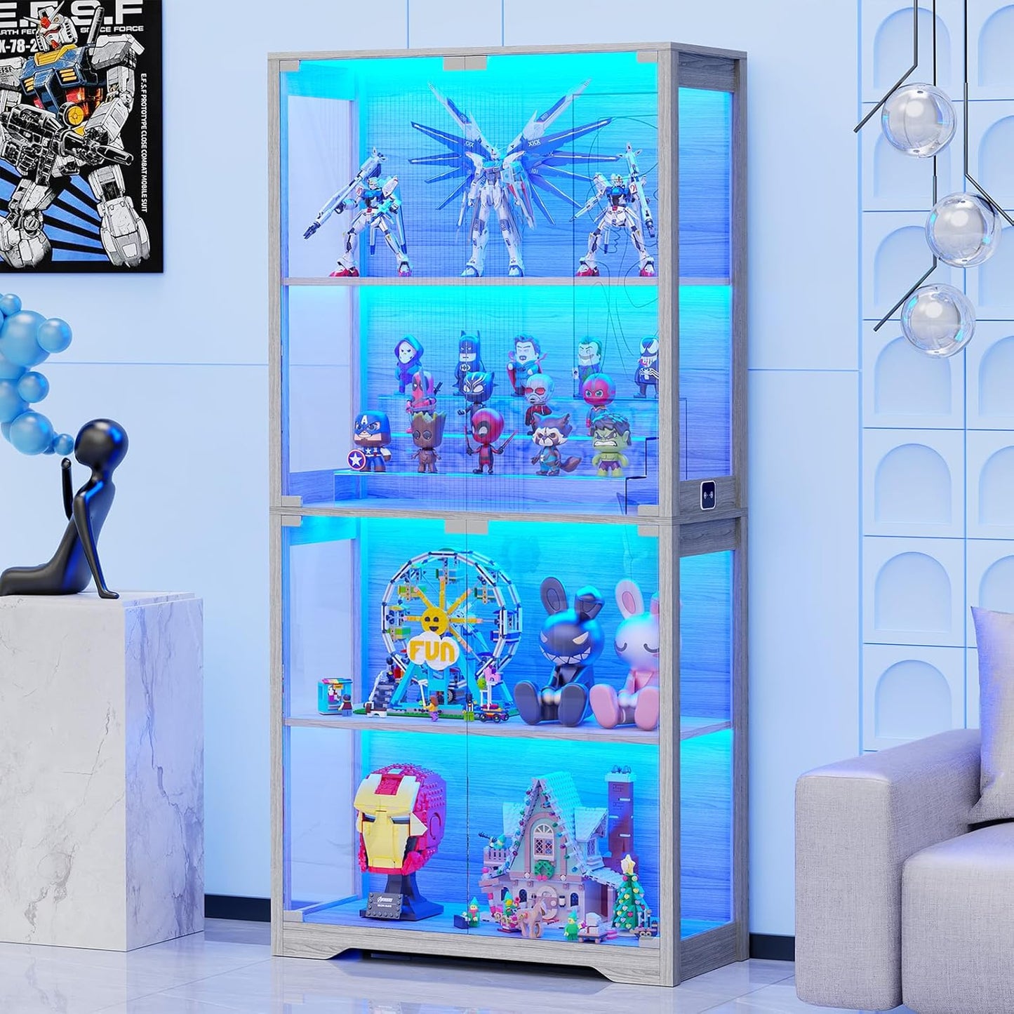 Vetrina con Ante in Vetro – Credenza a 4 Ripiani con Luci LED a 3 Colori