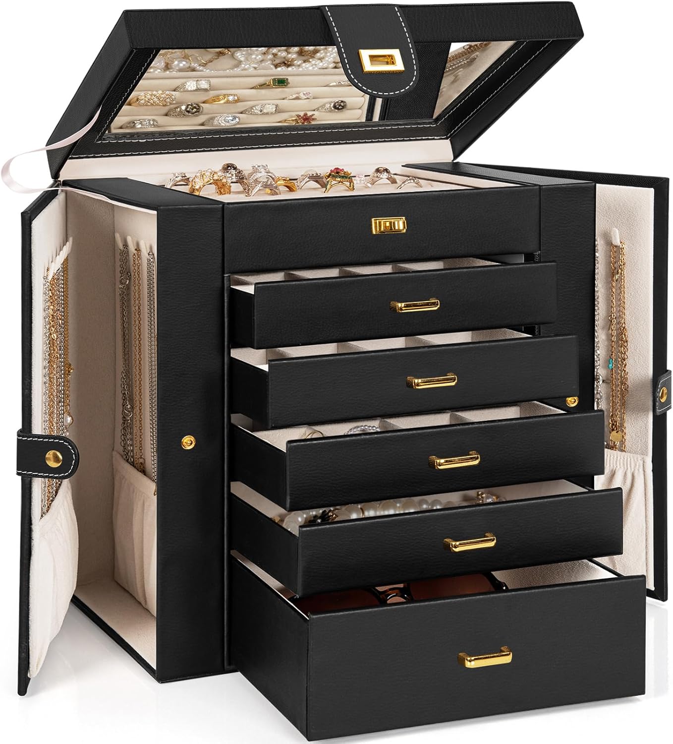 AKOZLIN Huge Jewelry Box Organizer Functional Lockable, Large Leather Jewelry Storage Case for Women Girls Ring Necklace Earring Bracelet Holder Organizer with Mirror