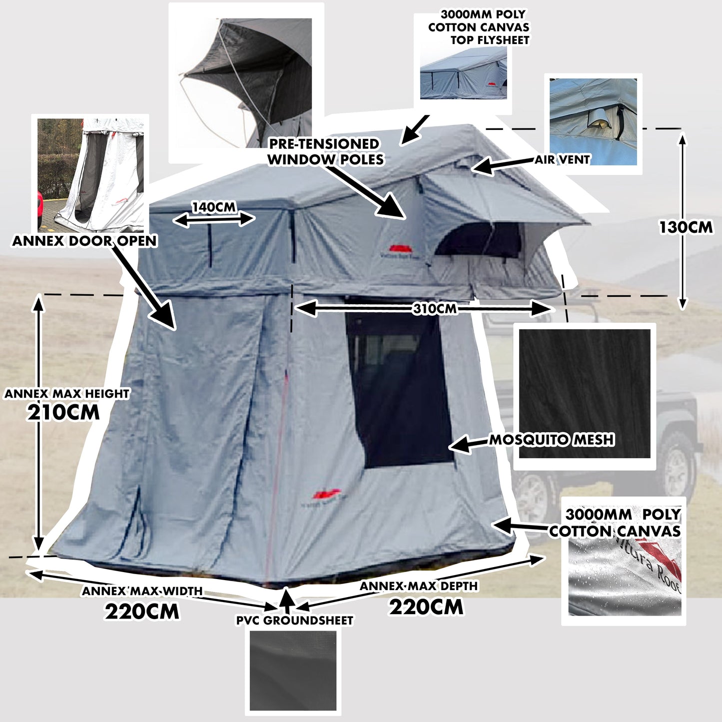 Extended Ventura Deluxe 1.4 Roof Top Tent + Annex (IN STOCK)