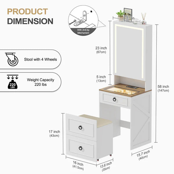 A Tocador 3 en 1 con espejo LED y taburete con almacenaje