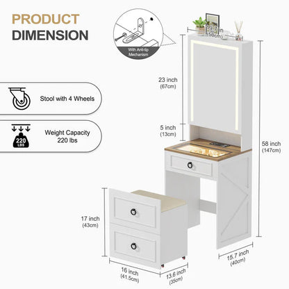 A Tocador 3 en 1 con espejo LED y taburete con almacenaje