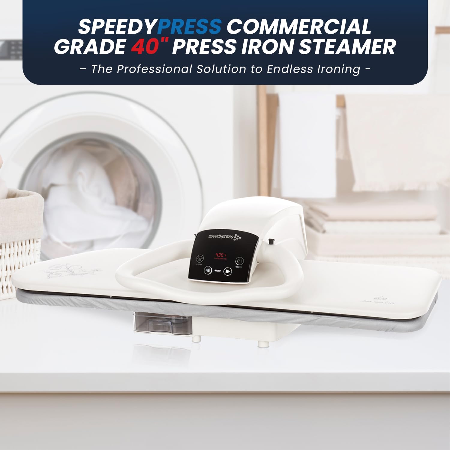 SpeedyPress 100HD Steam Fabric Press - 40 inch Digital Heavy-Duty with Large Removeable Water Tank and Water Filter - Fast Heating, Multiple Temperature Modes