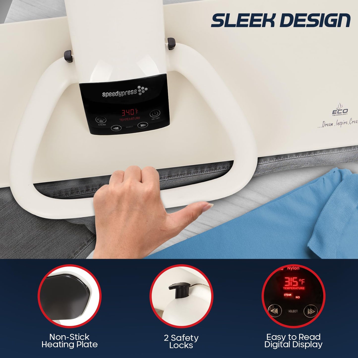 SpeedyPress 100HD Steam Fabric Press - 40 inch Digital Heavy-Duty with Large Removeable Water Tank and Water Filter - Fast Heating, Multiple Temperature Modes