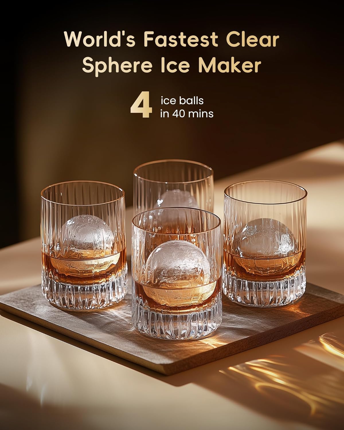 ecozy Máquina de Bolas de Hielo Transparentes de 2” | 4 Bolas en 40 Min, 144 al Día, Autolimpieza para Bares de Whisky