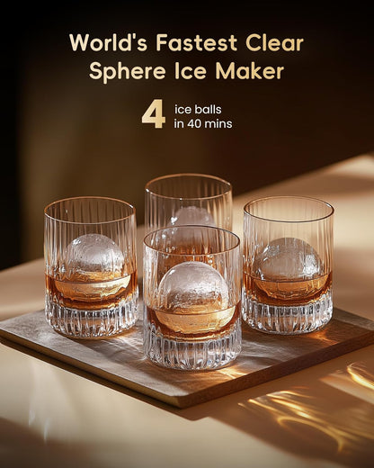 ecozy Máquina de Bolas de Hielo Transparentes de 2” | 4 Bolas en 40 Min, 144 al Día, Autolimpieza para Bares de Whisky