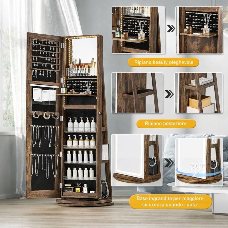 Mobile portagioie da terra con specchio LED, organizer girevole 360° 💍💄💄