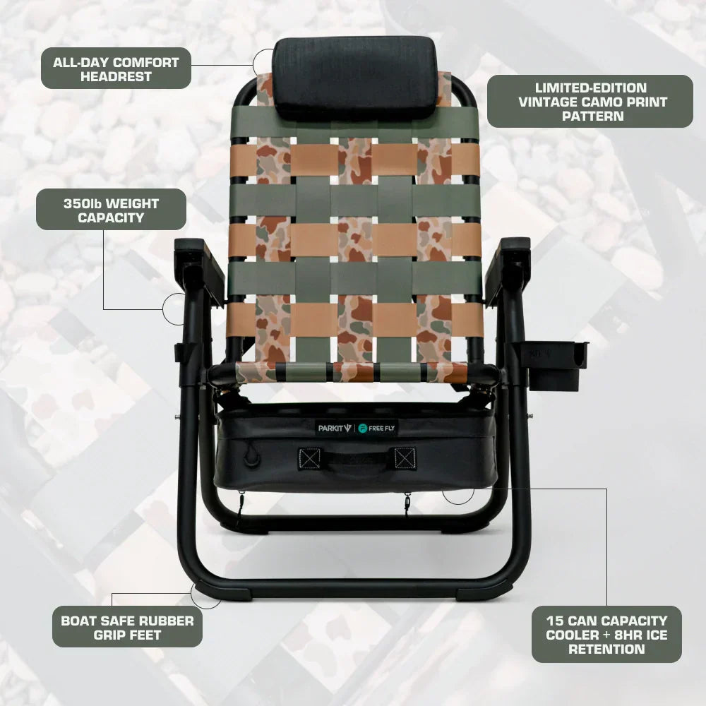 Infographic of the PARKIT × Free Fly Eclipse Recliner in Vintage Camo pattern, highlighting its all-day comfort headrest, 350lb weight capacity, boat-safe rubber grip feet, and 15-can capacity built-in cooler with 8-hour ice retention. The best folding outdoor chair for beach days, fishing trips, and backyard lounging, engineered for durability, comfort, and performance.