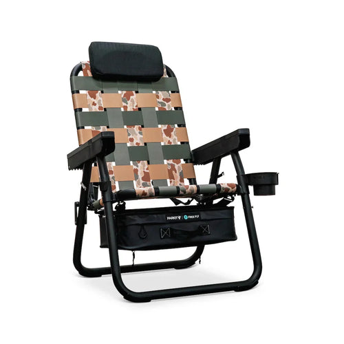 PARKIT x Free Fly Eclipse Recliner chair in limited-edition Vintage Camo pattern, featuring a durable woven webbing design, black steel frame, padded headrest, built-in cooler, cup holder, and backpack straps, premium outdoor recliner built for comfort, durability, and adventure.