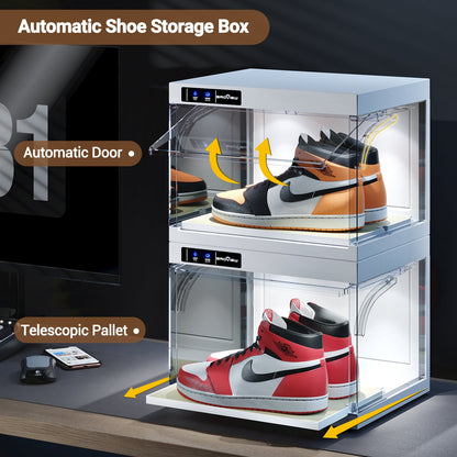 BROVIEW Smart Shoe Display Box with Led Lights Auto-Opening Shoe Organizer Sneaker Case, 4 Pack